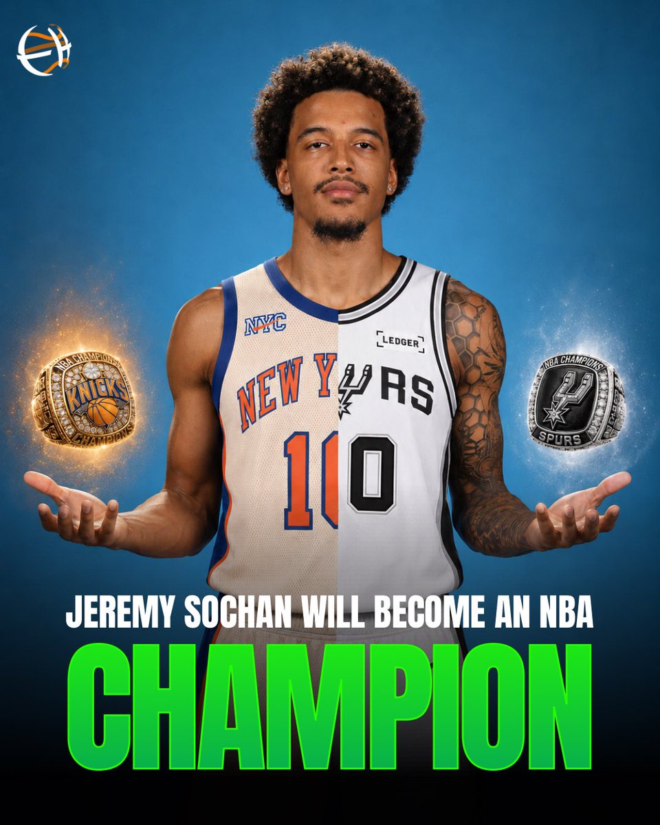 NBAPolska23's tweet photo. Finał NBA pomiędzy Spurs i Knicks oznacza że Jeremy Sochan ma gwarantowane wygranie mistrzostwa NBA. 

Sochan rozpoczął sezon w Spurs a obecnie jest w Knicks.

Jeremy będzie pierwszym Polakiem który wygra mistrzostwo NBA 🏆🇵🇱 https://t.co/0uFNi2apY9