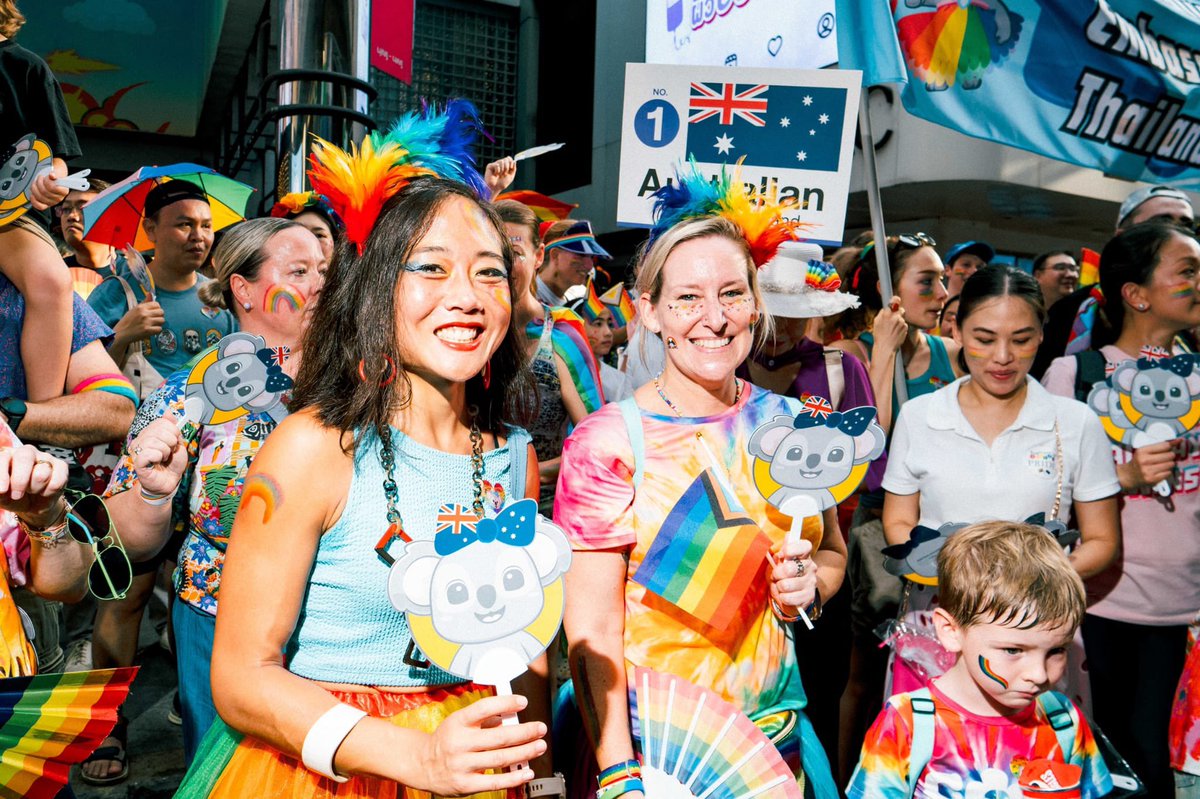 AusAmbBKK's tweet photo. 🌈 Rainbows were definitely out after today’s rain, with our embassy staff, families and friends among the thousands at #BangkokPride2026!

We’re proud to celebrate love and diversity with the LGBTIQA+ community, and will continue to champion inclusion and equality. 🏳️‍🌈 https://t.co/TrwdgLYUSw