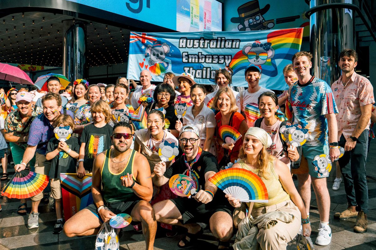 AusAmbBKK's tweet photo. 🌈 Rainbows were definitely out after today’s rain, with our embassy staff, families and friends among the thousands at #BangkokPride2026!

We’re proud to celebrate love and diversity with the LGBTIQA+ community, and will continue to champion inclusion and equality. 🏳️‍🌈 https://t.co/TrwdgLYUSw