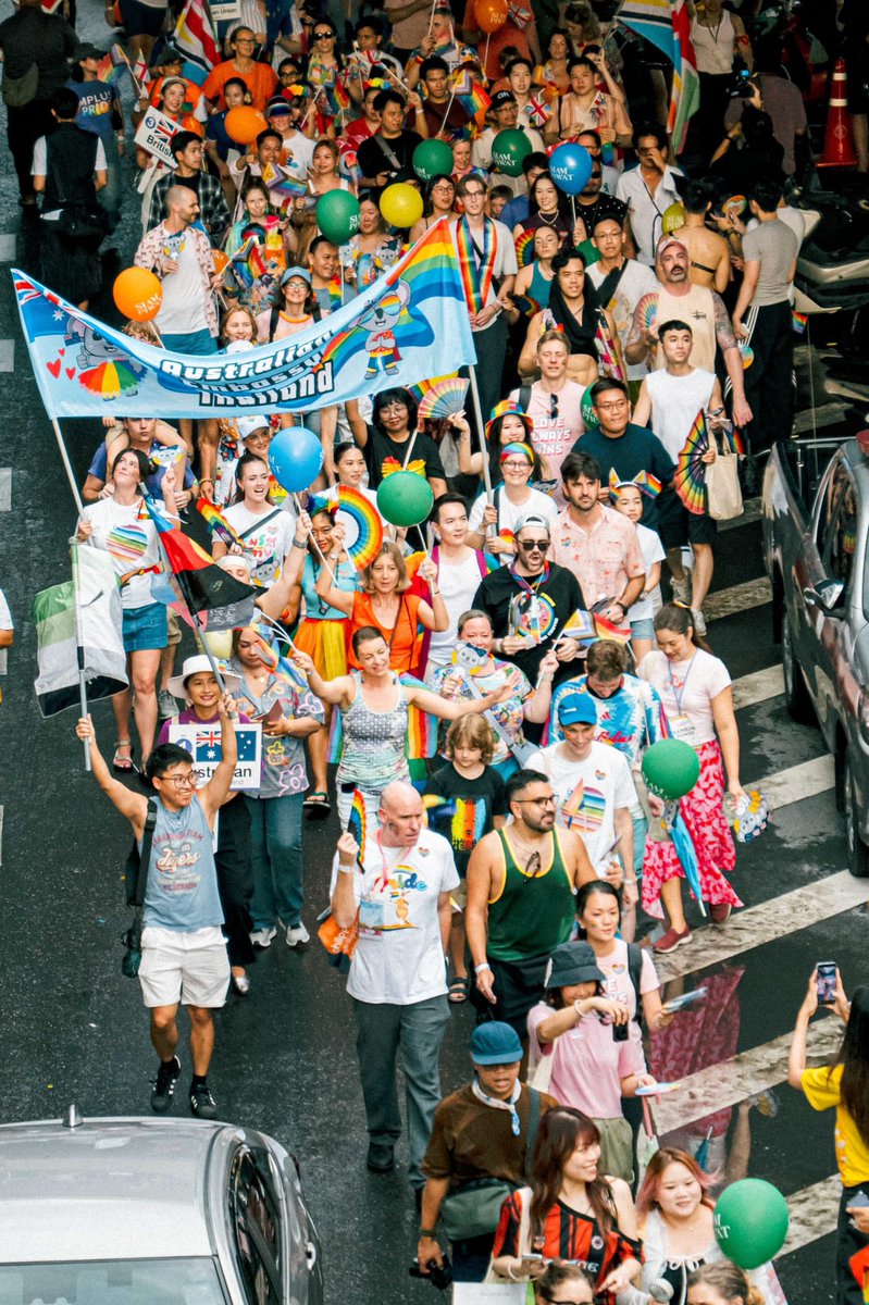 AusAmbBKK's tweet photo. 🌈 Rainbows were definitely out after today’s rain, with our embassy staff, families and friends among the thousands at #BangkokPride2026!

We’re proud to celebrate love and diversity with the LGBTIQA+ community, and will continue to champion inclusion and equality. 🏳️‍🌈 https://t.co/TrwdgLYUSw