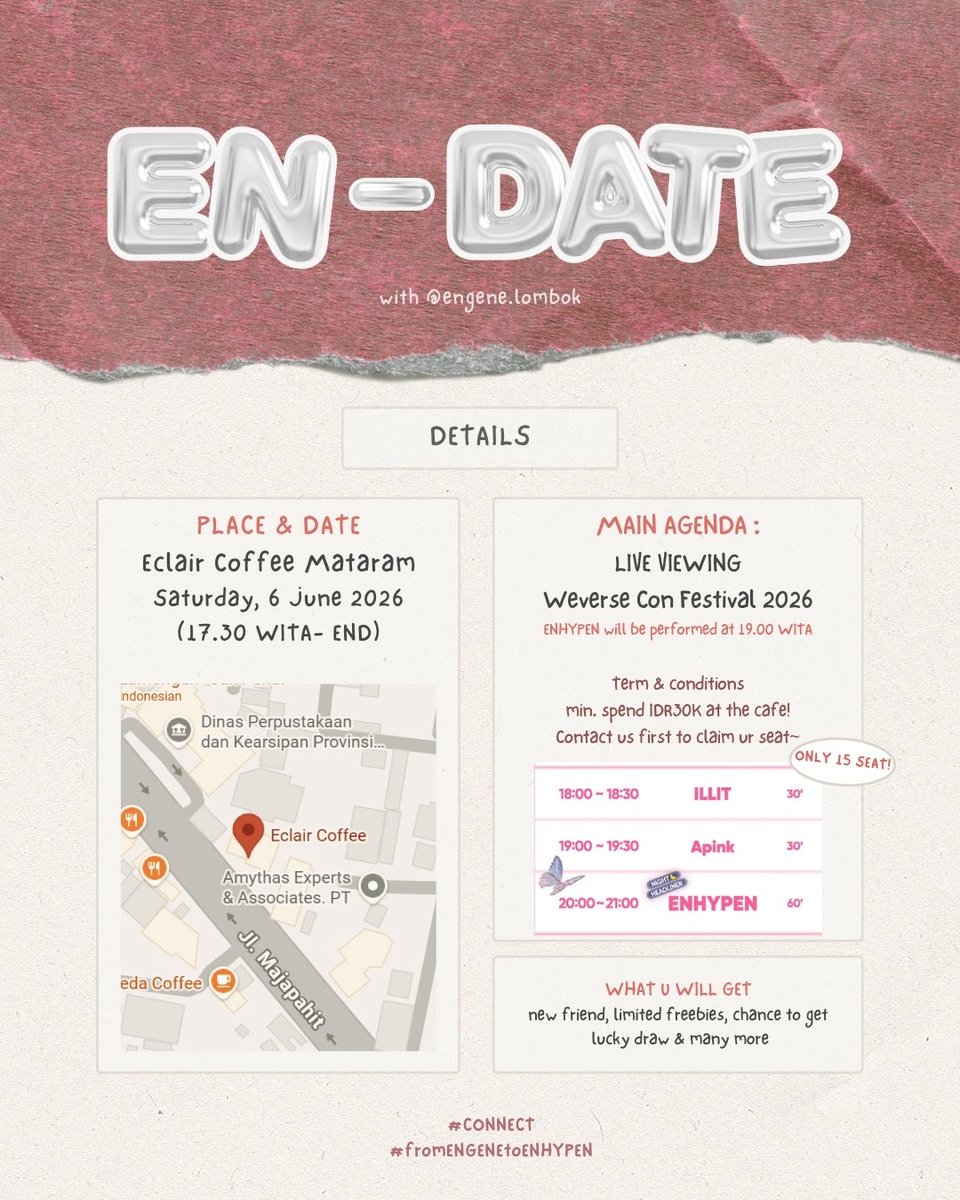 engene_lombok's tweet photo. 𝗘𝗡-𝗗𝗔𝗧𝗘 𝗗𝗔𝗬‼️

June edition for WEVERSE CON FESTIVAL 2026!

Details :
📍Eclair Coffee Mataram
🗓 Sabtu, 6 Juni 2026
⏰ 17.30 WITA - END
more : https://t.co/DzurnuRdLL 

See you soon on EN-DATE DAY!!!👋🏻🧡🤩

#EN_DATE #ENGENELOMBOK https://t.co/dO83HvzAuI