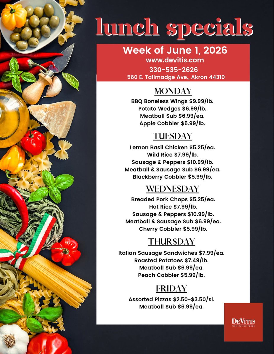 DeVitisMarket's tweet photo. Our Kitchen Crew has another week of delicious Hot Lunches planned for you! 😍😋❤ We look forward to serving you! https://t.co/NtmpMXnrxs