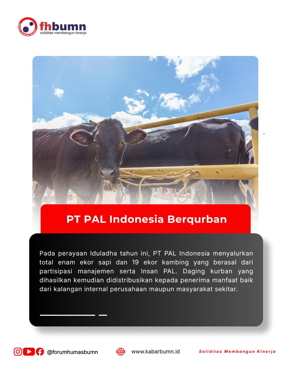 ForHumBUMN's tweet photo. Dalam rangka memperingati Hari Raya Iduladha 1447 Hijriah, PT PAL Indonesia kembali menunjukkan komitmennya terhadap kepedulian sosial melalui kegiatan penyembelihan dan penyaluran hewan kurban. https://t.co/GfR8MTrkfm