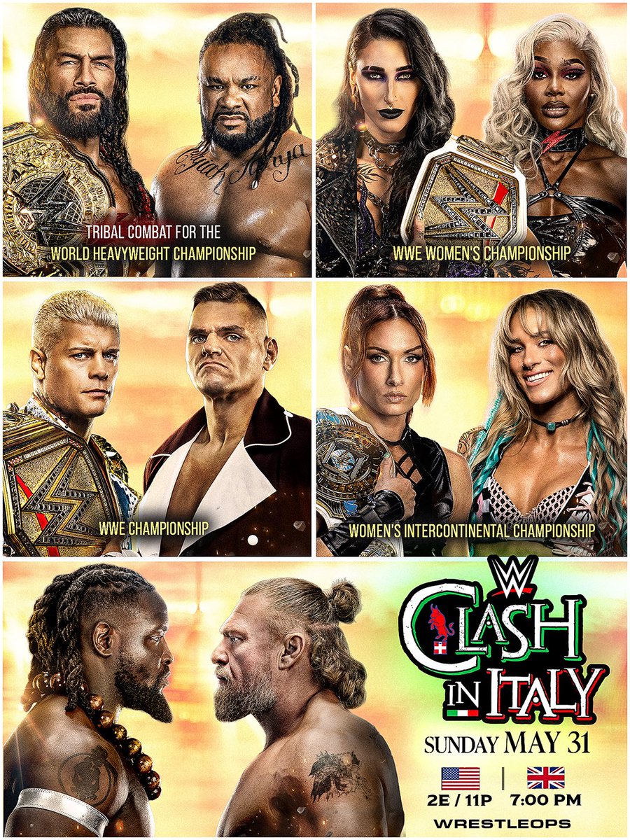 CatchCSF's tweet photo. 📢 PREVIEW | #WWEClash

Ce soir à 20h en direct sur Netflix aura lieu Clash In Italy 🇮🇹

Voici la carte du PLE 👇
Vos pronostics ?
———
Mika https://t.co/jZuSz7W7FW