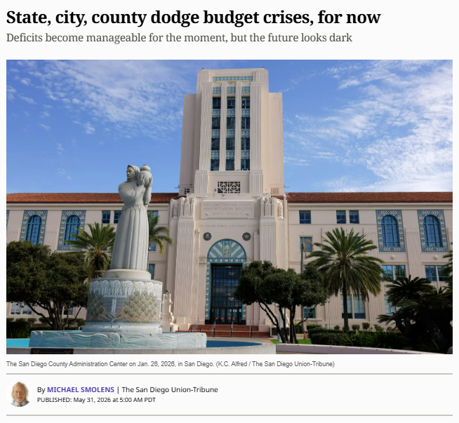 sdcta's tweet photo. The California state and #SanDiego county and city budgets are only ‘balanced’ to the extent that current year expenses meet current revenue only after reserves have been drawn down.

Factor in ballooning infrastructure funding gaps, pension deficits, and potential revenue loss from stock market adjustments and the situation looks worse.

“Not surprisingly, red flags were still waving at the future for state and local governments.

"The ubiquitous term 'structural deficit' haunts elected officials year-round, but naturally it is uttered more frequently during budget season. It refers to a constant financial imbalance where an agency’s expenses regularly exceed its incoming revenues, pretty much in good or bad economic times.”

https://t.co/6sActm77JK
