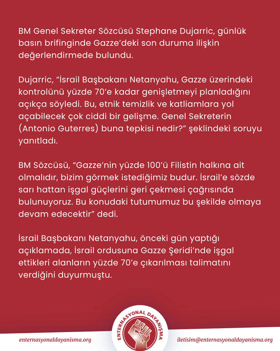 ent_dayanisma's tweet photo. 📍 BM’den İsrail’in Gazze işgaline tepki

👉 Birleşmiş Milletler (BM) Genel Sekreter Sözcüsü Dujarric, İsrail Başbakanı Binyamin Netanyahu’nun “Gazze Şeridi’nde işgal ettikleri alanları yüzde 70’e çıkaracakları” açıklamasına tepki gösterdi.

▶️ Devamı: https://t.co/qCj6CM80vj https://t.co/nrKauW7agc