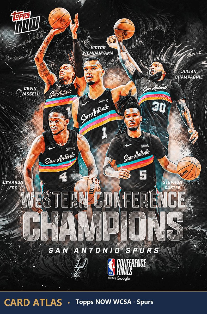 cardatlasapp's tweet photo. Spurs win Game 7 in OKC, 111-103. San Antonio's first NBA Finals since 2014, and the clinch already has a Topps NOW (team card WCSA). Knicks next, Game 1 Wednesday. #nbacards https://t.co/7KB4TFFMkt