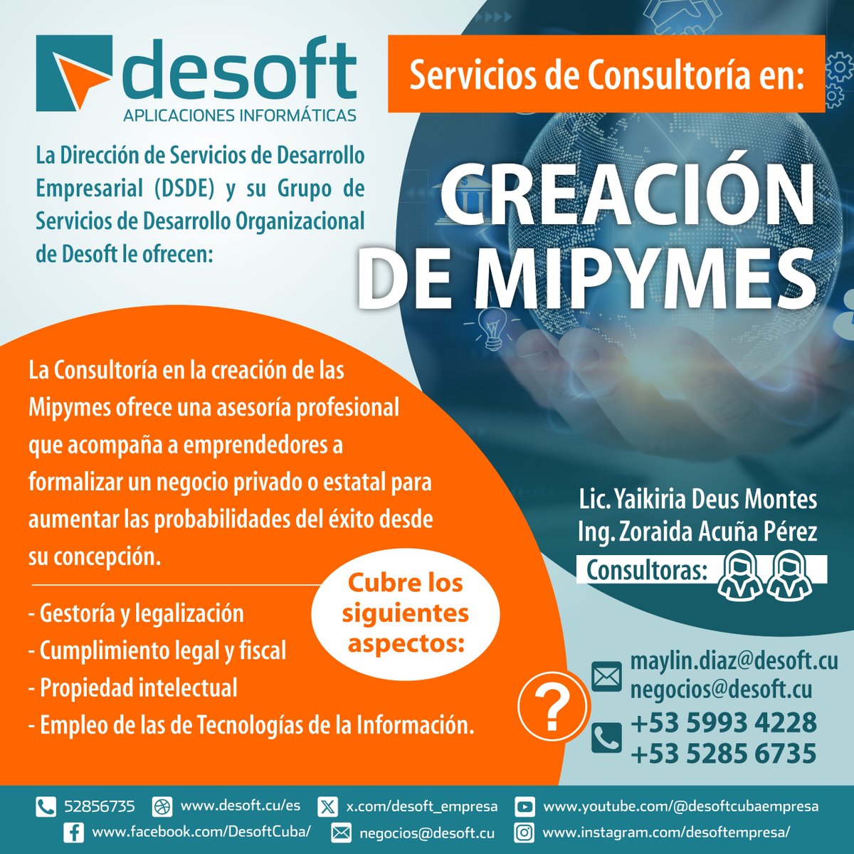 desoft_empresa's tweet photo. #Desoft siempre está pensando en usted. Queremos ayudarlo a conseguir sus metas y por eso hemos preparado estas consultorías. Especialistas experimentados lo guiarán en sus empeños, no lo dude, acuda a nosotros, no se arrepentirá. https://t.co/GRmKDUQft6