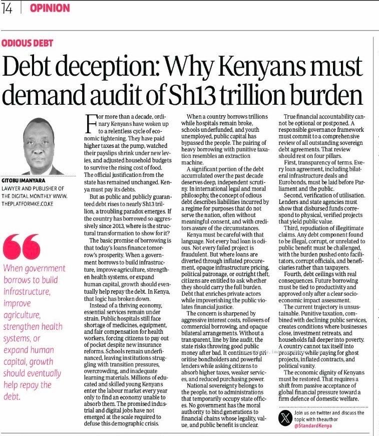 JimiWanjigi's tweet photo. Kenya’s debt audit time is now. A debt of Ksh. 13 trillion with no tangible developments demands accountability to all Kenyans. Where’s the structural transformation to show as we should only be borrowing for development? https://t.co/yEX72O840O