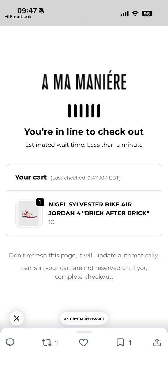 CarlssonJess's tweet photo. @SneakerVisionz Clicked in immediately still sold out in cart smh https://t.co/yxG7jEr13q