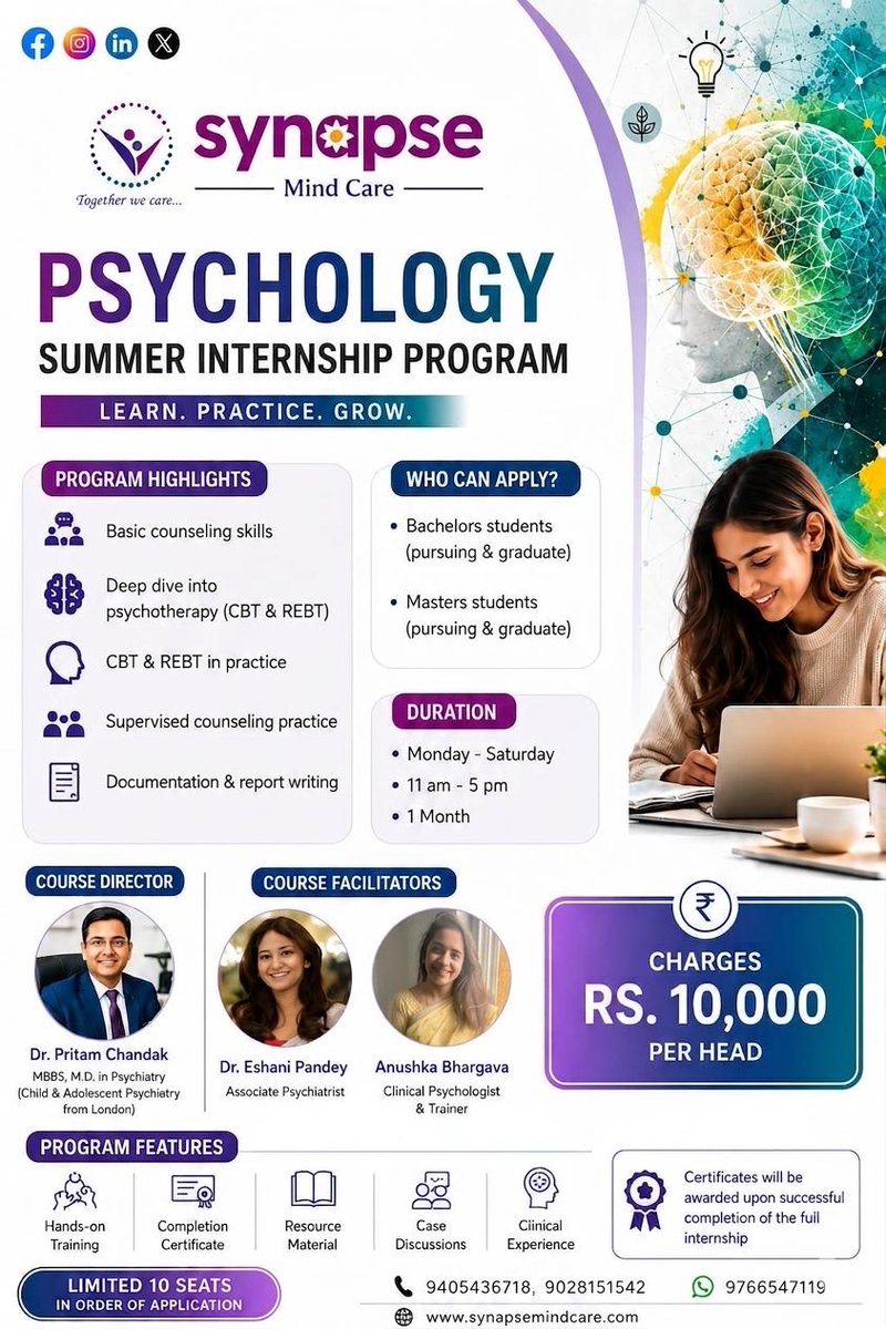 synapsemindcare's tweet photo. 🧠 Psychology Summer Internship Program by Synapse Mind Care

Learn counseling skills, CBT, REBT, case discussions, report writing &amp; gain clinical exposure through supervised training.

📅 1 Month | Mon–Sat | 11 AM–5 PM 🎓 UG &amp; PG Psychology Students Welcome https://t.co/xDrPb16lZn