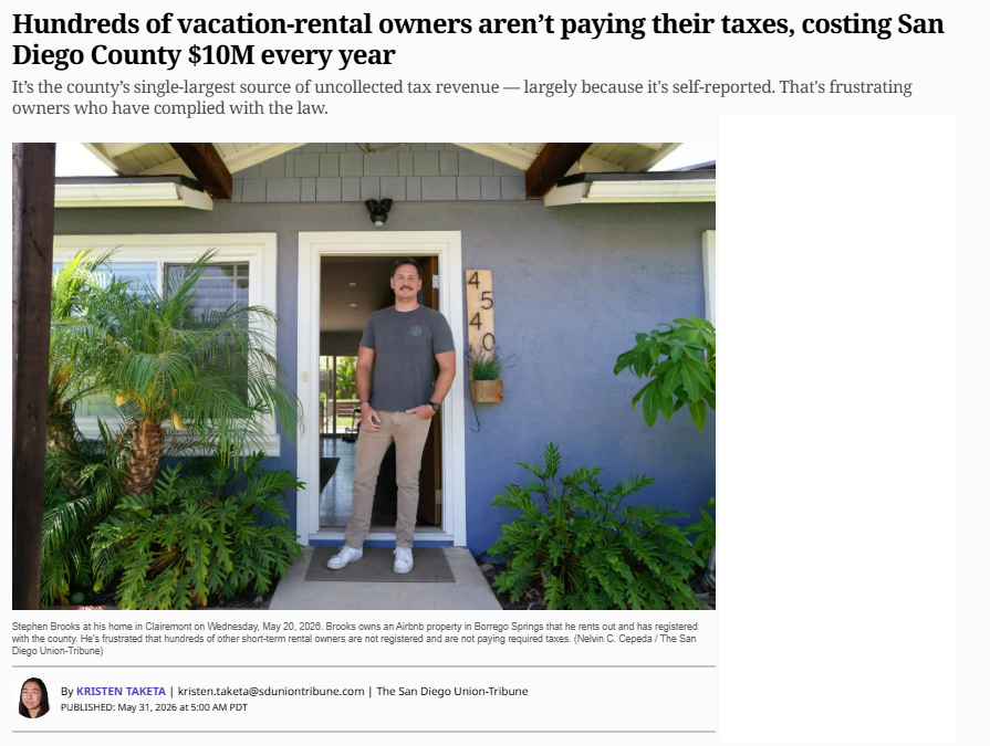 sdcta's tweet photo. Instead of imposing a half-cent sales increase on all county residents, maybe the county of #SanDiego could enforce existing rules on vacation-rental owners?

Using vacation tax revenue for core county services, and not as a supervisors' discretionary fund wouldn't hurt either.

"The county’s transient occupancy tax revenue goes to the county’s controversial Community Enhancement Program, which lets county supervisors give grants to nonprofits and public agencies for services that promote tourism, economic development, cultural activities and quality of life."

https://t.co/A7S8yFmuxm