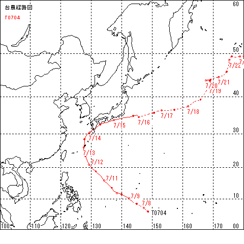 yokkai's tweet photo. 【台風6号】
今回の台風は、コースと通過速度が【2007年の台風4号】によく似ています。

この時は今回よりも強い台風で、梅雨前線のかかり方も違うので単純な比較はできませんが、今回も注意すべきポイントは「太平洋側の大雨」だと思います。

参考：気象庁 2007年台風4号 https://t.co/dTna7gyOk3 https://t.co/BZs6B6DG7H