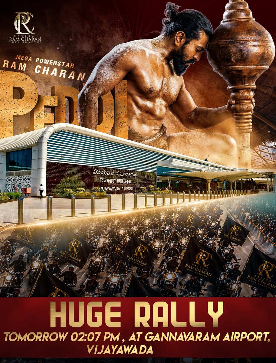 RCYChennai's tweet photo. GET READY VIJAYAWADA ECF's! 🔥

The Grand #PEDDI Bike Rally is all set to take over the city tomorrow!

🕒 2:07 PM Onwards
📍 Gannavaram Airport, Vijayawada

Let's unite and make this celebration bigger than ever with bikes, flags, and unstoppable energy! ❤️‍🔥🏍️

#PEDDI 🔥🔥🔥🔥🔥🔥