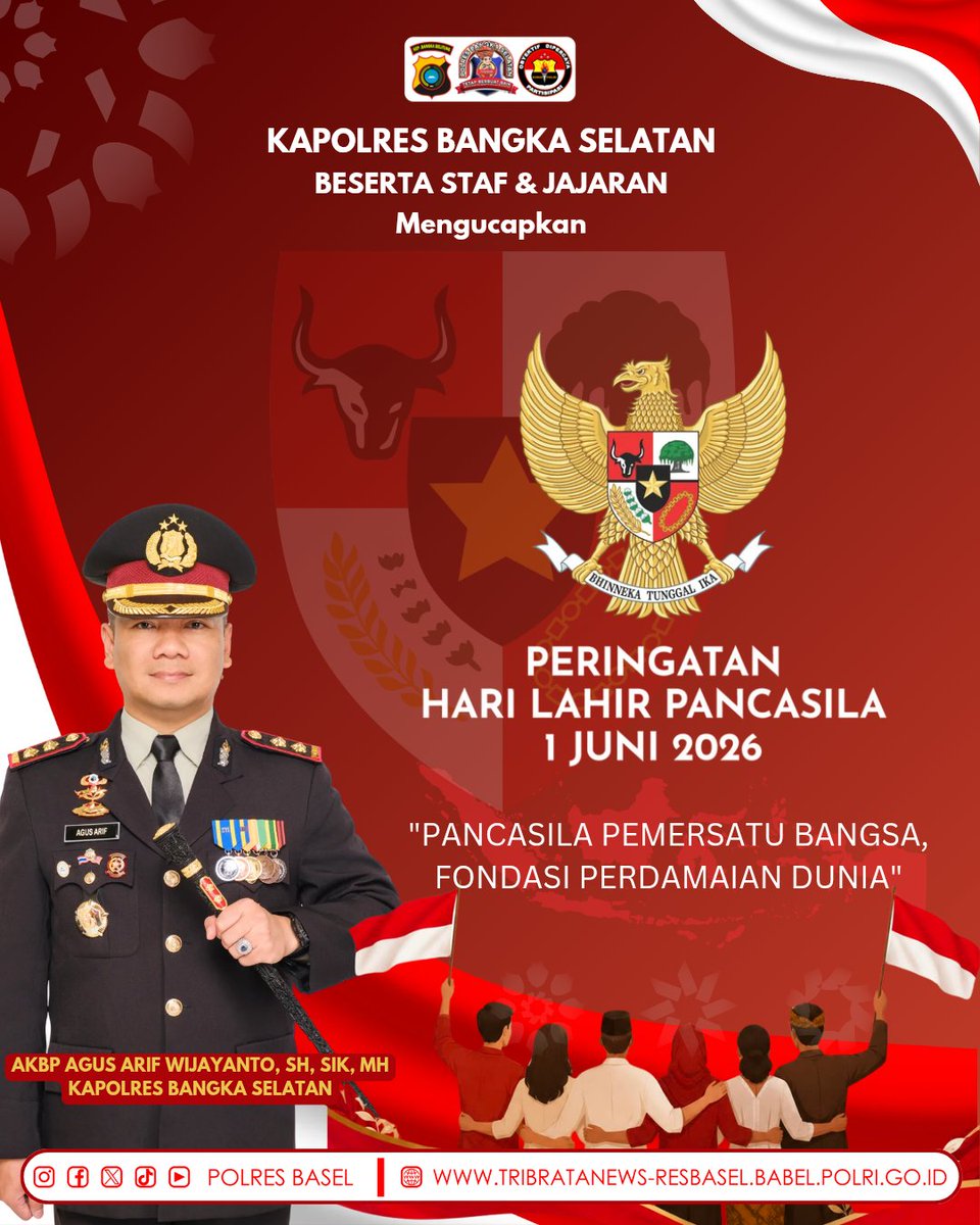 polres_basel's tweet photo. Selamat Memperingati Hari Lahir Pancasila 
1 Juni 2026

Pancasila adlh fondasi persatuan bangsa dan pedoman dlm menjaga keberagaman Indonesia. Mari terus mengamalkan nilai2 luhur Pancasila dalam kehidupan sehari-hari demi Indonesia yang maju, adil, dan sejahtera
#harlapancasila https://t.co/A3iiTrpMHy