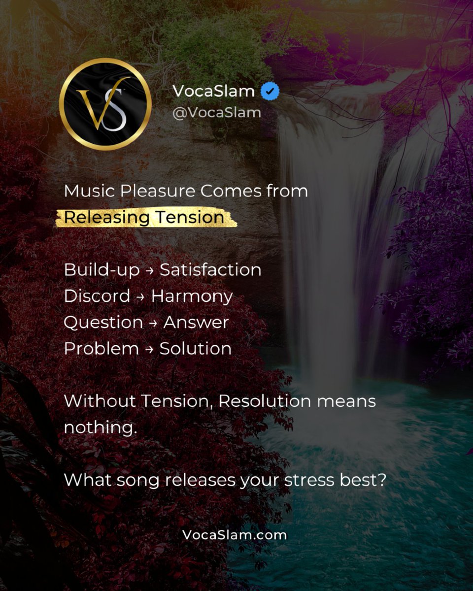 VocaSlam's tweet photo. The pleasure of music often comes from release of “Tension”.
Build-up, then resolution. Dissonance into harmony. Question into answer.
This cycle mirrors life's fundamental pattern of challenge &amp; satisfaction.

What music makes you release tension?

#Cycles #Mindfulness #VocaSlam https://t.co/H1URIe8JMw