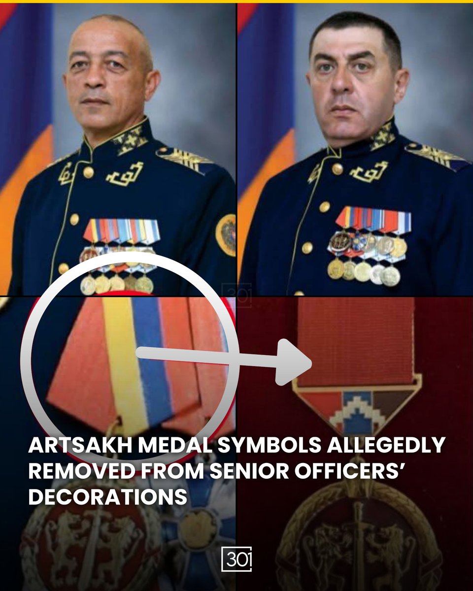301arm's tweet photo. Questions have been raised after Facebook user Alen Ghulyan alleged that Artsakh-related symbols were removed from the military decorations of senior Armenian officers in official photographs released by the Ministry of Defense.

Commenting on images published by Defense Minister Suren Papikyan featuring newly promoted generals, Ghulyan claimed that the ribbon bars of the Artsakh “For Courage” medal worn by 3rd Army Corps Commander Simon Nazaryan and 5th Army Corps Commander Gagik Poghosyan had been altered. According to him, the original ribbon bars bearing the Artsakh flag were replaced with a different design that does not officially exist for the award.

Ghulyan argued that the alleged changes reflect an effort to remove visible references to Artsakh from the public record. He criticized what he described as the government’s willingness to showcase military strength and newly acquired weaponry while distancing itself from Artsakh’s legacy.

“The cynicism has reached the point where they are effectively erasing the very fact that members of Armenia’s senior officer corps were awarded Artsakh’s military orders and medals,” Ghulyan wrote.

He further noted that Armenia’s own “For Courage” medal has a different design and that no Armenian state award visually resembles the Artsakh decoration, raising questions about why the ribbon bars appear to have been modified.

The Armenian Ministry of Defense has not publicly commented on the allegations, which have not been independently verified.