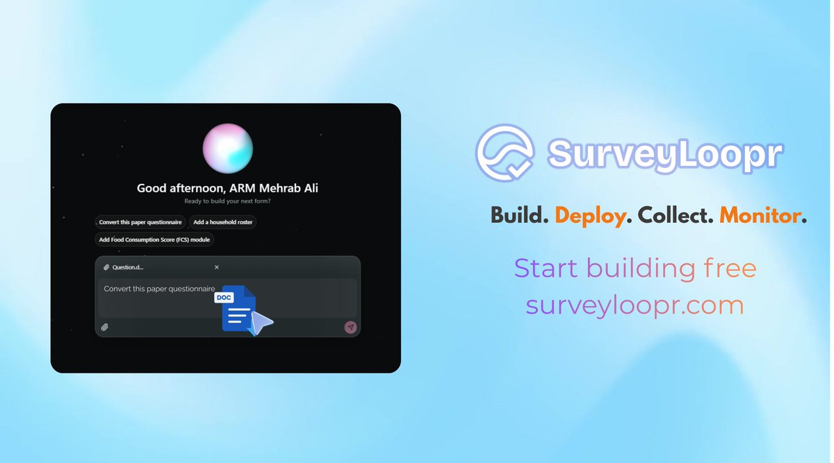 ARCEDint's tweet photo. An AI-powered survey platform to help teams build forms, deploy ODK Central, collect data, and monitor quality faster.

Upload Word/PDF → convert to XLSForm  
Edit with AI  
Deploy your own ODK server  
Track quality with DataSnap

Build. Deploy. Collect. Monitor. https://t.co/MlOyIqThSq