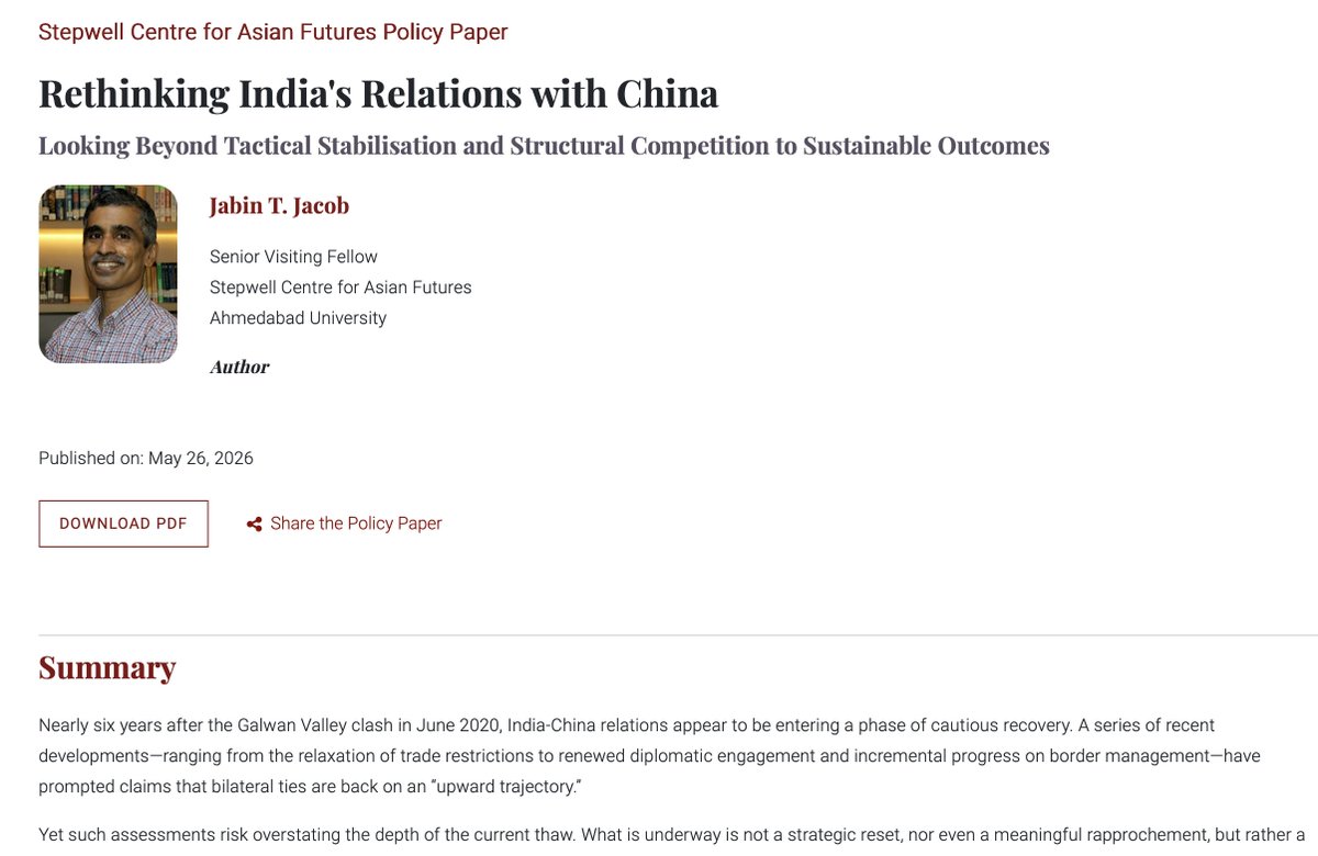 Himalayas_SNU's tweet photo. In a paper for @AhdUniv's Stepwell Centre for Asian Futures, CHS Director @jabinjacobt argues that the current phase of🇮🇳-🇨🇳relations is only a limited &amp; tactical stabilisation, as the bilateral relationship is beset with structural tensions. https://t.co/e2Y7pvG8Bx https://t.co/MTZhS34ZOU