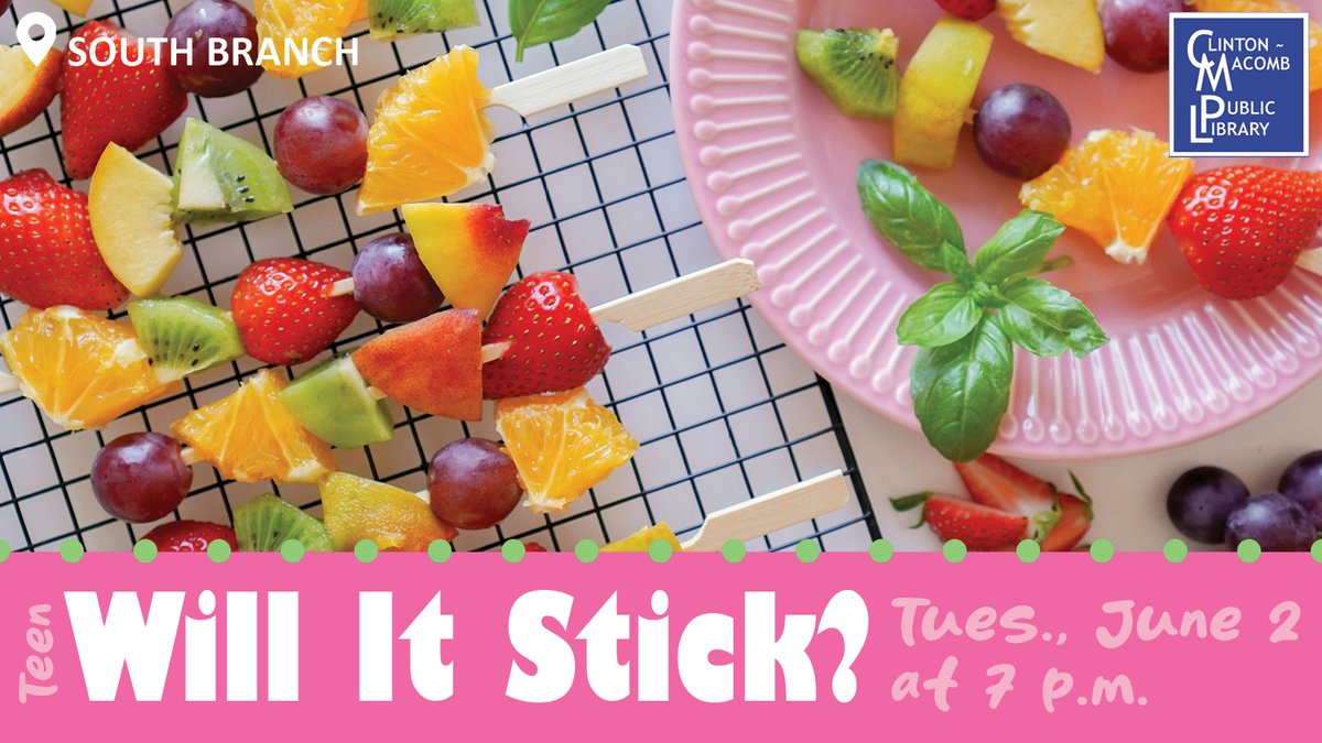 cmplib's tweet photo. You’ve heard of Will It Waffle - now it’s time to play Will It Stick?! We’ll make food skewer creations out of sweet and savory foods to try to answer the question: will it stay on a stick? Call (586) 226-5073 or register here: https://t.co/L5j7PjQ0kk #Teen https://t.co/FjJxz1OAH8