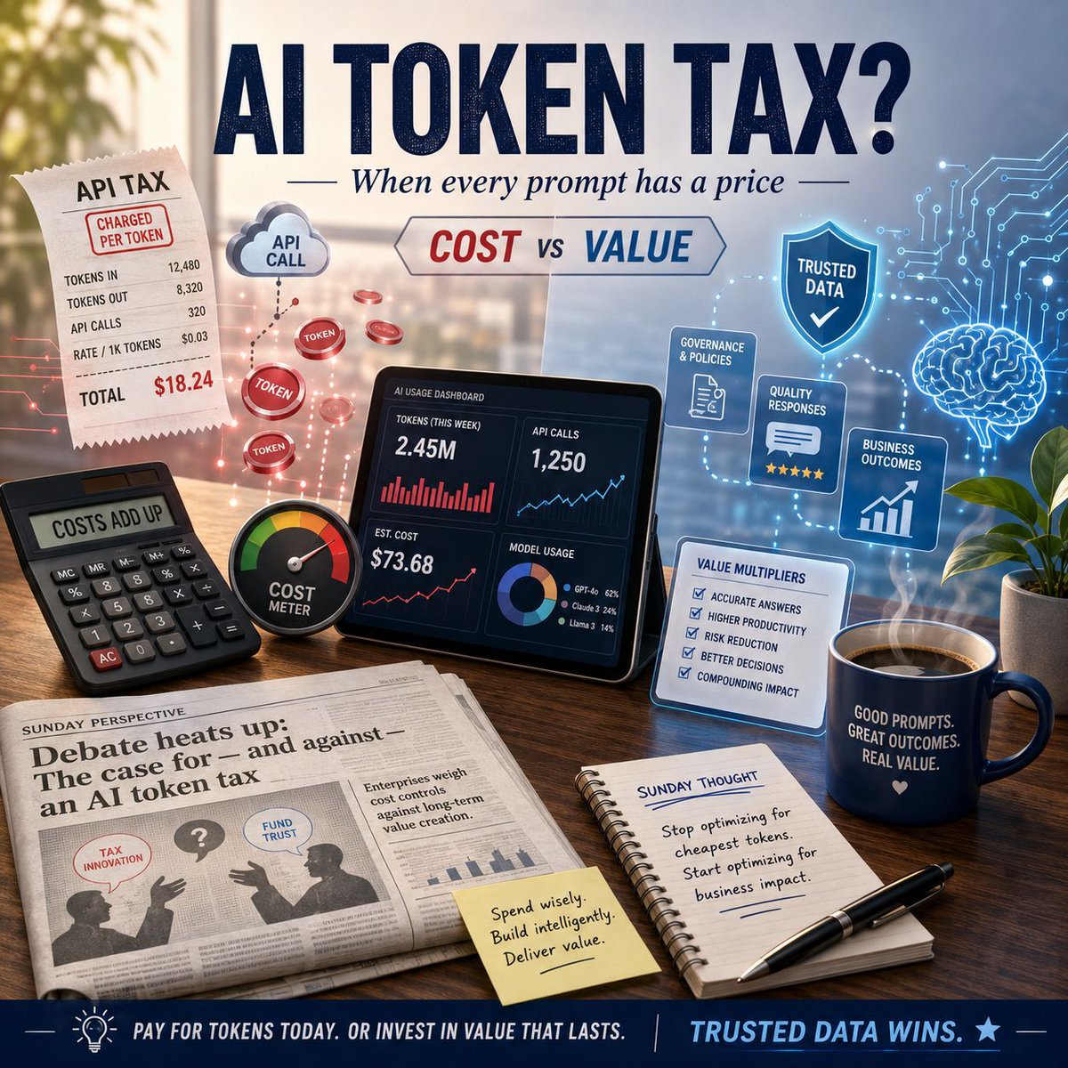 RandyJRouse's tweet photo. The Sunday AI thought experiment:

What if every AI token had a tax?

Mark Cuban kicked the hornet’s nest recently by suggesting a small federal tax on commercial AI tokens. Less than 50 cents per million tokens, aimed at the providers, not the casual user.

And whether you agree with the tax idea or not, I think the debate underneath it is the real story.

Because we are quickly moving from:

“How much does this model cost?”

to

“How much productive work is this AI system actually doing?”

That is a massive shift.

For years, businesses understood software economics pretty well. Licenses. Seats. Subscriptions. Cloud consumption. API calls. Storage. Compute.

Now AI adds a new meter to the board:

Tokens.

And tokens are weird.

A million tokens could be a brilliant legal analysis, a pile of hallucinated nonsense, a customer service workflow, a failed experiment, a developer agent fixing production code, or me asking an AI to make my Sunday post slightly funnier.

Same meter. Very different value.

That is why I think the “token tax” debate is less about tax policy and more about AI economics finally getting real.

The first wave of AI was magic.

The second wave is math.

Who pays for the compute?
Who owns the workflow?
Who controls the model?
Who governs the output?
Who verifies the data?
Who measures the business value?

And maybe most importantly:

How do we stop confusing activity with productivity?

From my seat, this is where the enterprise AI conversation gets interesting. Models matter. APIs matter. Costs matter.

But the organizations that win will not be the ones that simply buy the most tokens.

They will be the ones that build the best harness around AI:

Trusted data.
Governed context.
Clear lineage.
Quality controls.
Reusable data products.
Fit-for-purpose models.
Measurable outcomes.

Because in the long run, the expensive part of AI may not be the token.

It may be the bad decision made from an untrusted answer.

So yes, the “AI token tax” makes for a great Sunday debate.

But the boardroom version is bigger:

Before you worry about taxing tokens, make sure you know which tokens are creating value.

That starts with trusted data.

Reach Out, Let’s Talk.

#AI #DataGovernance #TrustedData #EnterpriseAI #DataManagement #GenerativeAI #AIEconomics #Quest