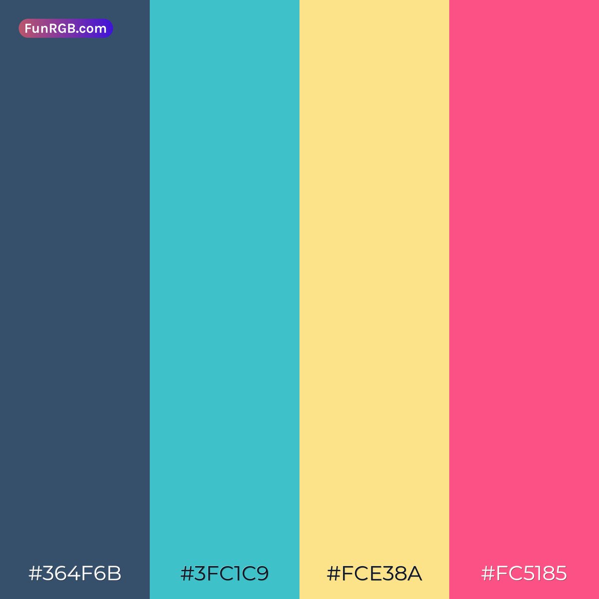 FunRgb's tweet photo. Palette "Storm Pool Lemon Breeze"

HEX: 364F6B — RGB: 54, 79, 107
HEX: 3FC1C9 — RGB: 63, 193, 201
HEX: FCE38A — RGB: 252, 227, 138
HEX: FC5185 — RGB: 252, 81, 133

@funrgb | #palette #blue #cyan #yellow #pink https://t.co/KziGfXdZvv