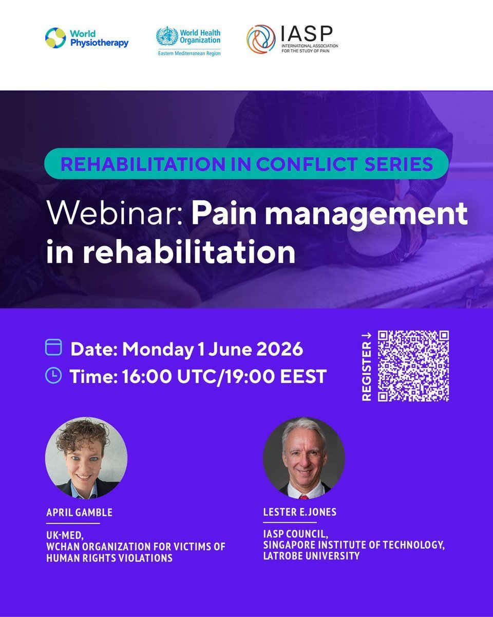 IPTOPphysio's tweet photo. Final session of World Physio's Rehab in Conflict series is Monday 1 June. Pain Management in Rehab. All recordings are available — SCI, TBI, amputations, burns, fractures, and more.
1 June | 16:00 UTC | Free 
Register https://t.co/Hlsm9yaed6 
Full series: https://t.co/TI5eFx30K7 https://t.co/oEGMvAAE6f