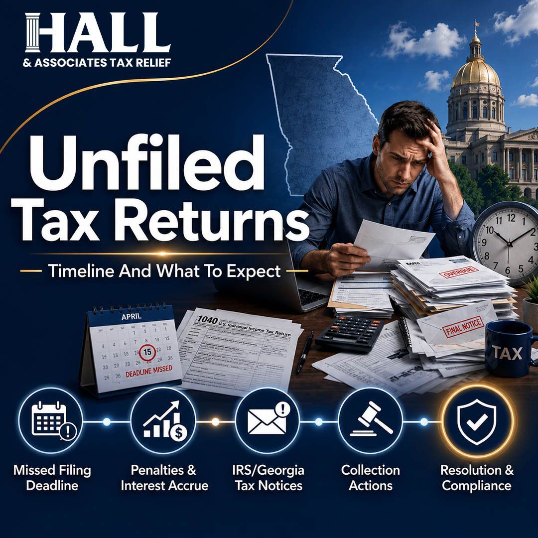 HallsIRS's tweet photo. Behind on unfiled tax returns in Georgia?The clock is ticking—prioritize your deadlines first:

Rebuild Records: Use wage transcripts to replace missing W-2s or 1099s.
File First: You must file missing returns before negotiating..
Protect Refunds: 

#HallsIRS #GeorgiaTax https://t.co/LX7uDfqZ9N