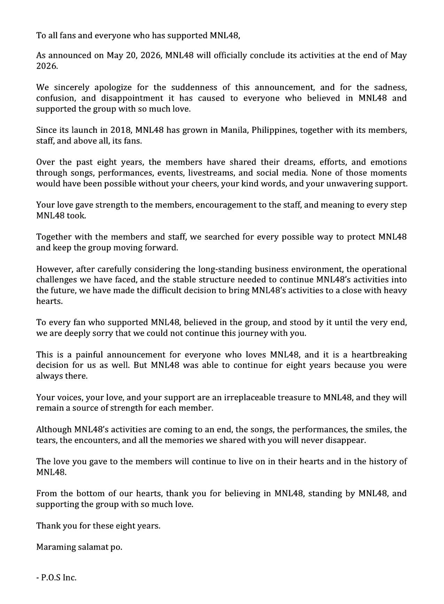 48RequestHour's tweet photo. MNL48 shares final message upon disbandment.

"MNL48 was able to continue for eight years because you were always there. Thank you for believing in MNL48, standing by MNL48, and supporting the group with so much love." https://t.co/ppkLBjrd1G