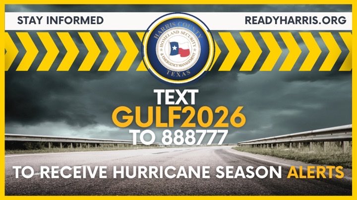 ReadyHarris's tweet photo. Hurricane season starts TOMORROW, Harris County! π¬ Donβt wait. SIGN UP NOW π± Text GULF2026 to 888777 for hurricane alerts. π¨ Early updates give you more time to prepare and stay safe. π‘ #StayingInformed #BeReady https://t.co/kSu7N19VYe