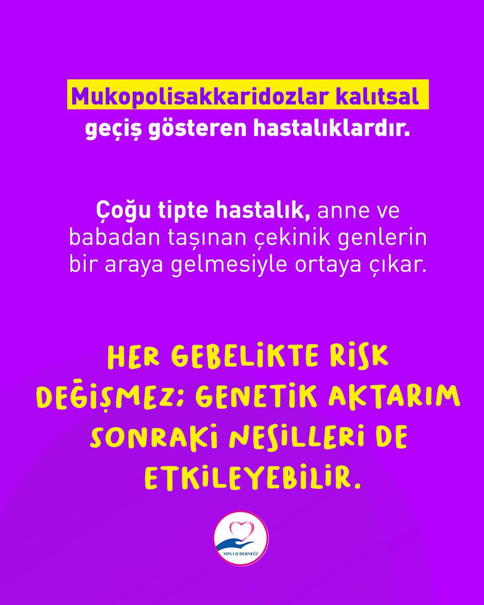 MPSLH's tweet photo. Mukopolisakkaridozlar (MPS), anne-babadan çekinik genlerle geçen kalıtsal bir hastalıktır. Belirti göstermeyen taşıyıcılar geni aktarabilir ve her gebelikte hastalık riski bulunur; bu yüzden aile öyküsü kritik önem taşır. https://t.co/fPbxFoYJpm