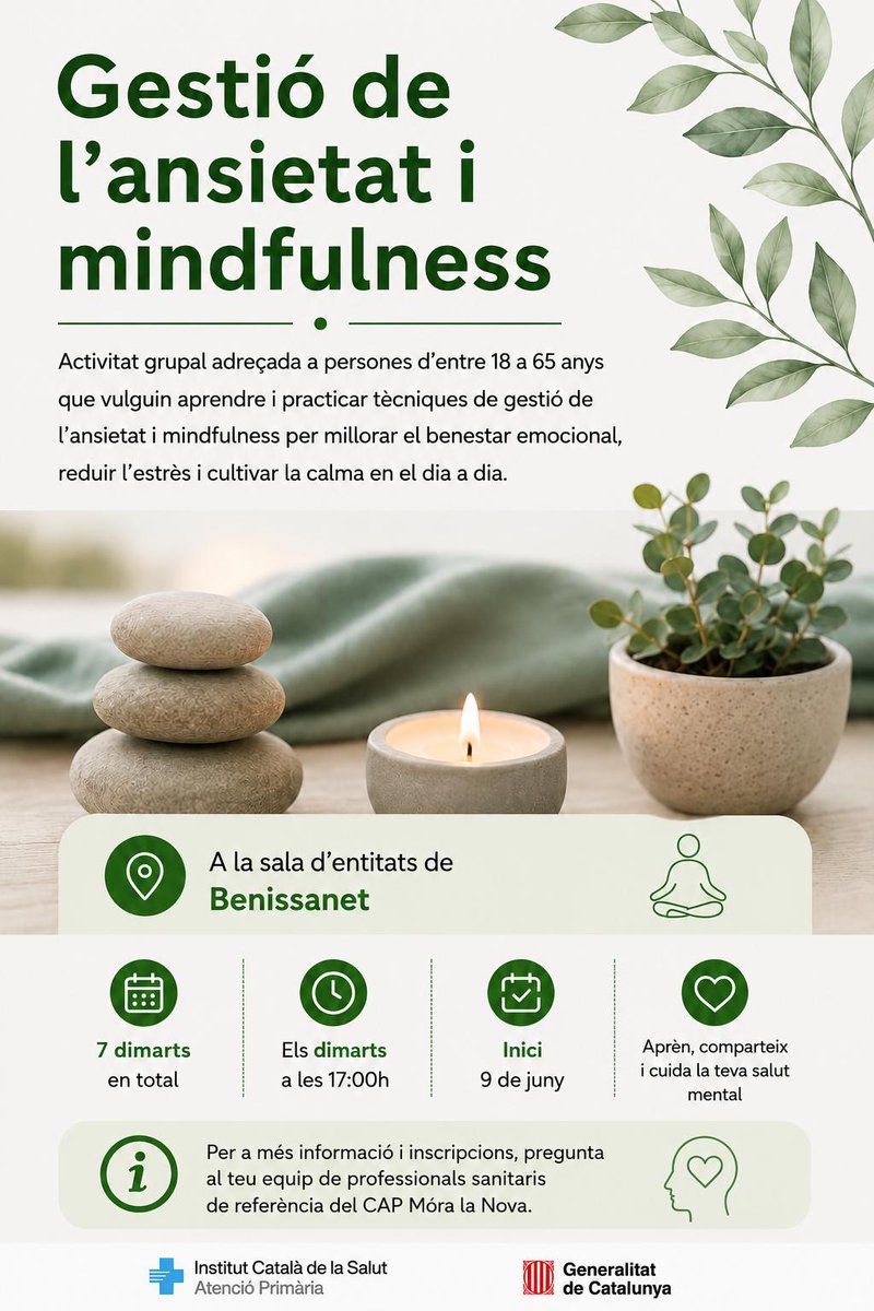 HTVCEbre's tweet photo. Vols reduir l’estrès i trobar més calma? 🌿
Taller de gestió de l’ansietat i mindfulness a Benissanet.
📅 Inici: 9 de juny
🕔 Dimarts a les 17 h
Informa’t al teu CAP https://t.co/RueE99I19T