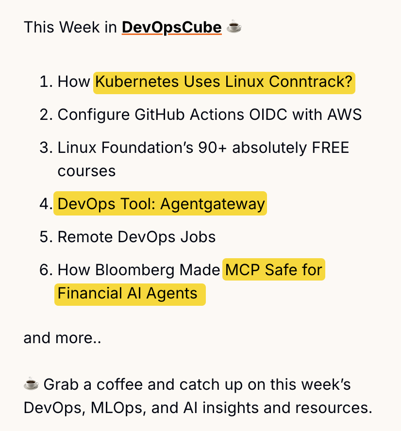 devopscube's tweet photo. DevOpsCube Weekly: Edition #2 is out ☕

Conntrack In Kubernetes, AgentGateway, GitHub OIDC on AWS, Remote Jobs &amp; More..

𝗥𝗲𝗮𝗱 𝗶𝘁 𝗛𝗲𝗿𝗲: https://t.co/ENhAjj7mgt

♻️ If you find it useful, share it with fellow DevOps and Cloud Engineers.

#devops https://t.co/rFFwZODYye