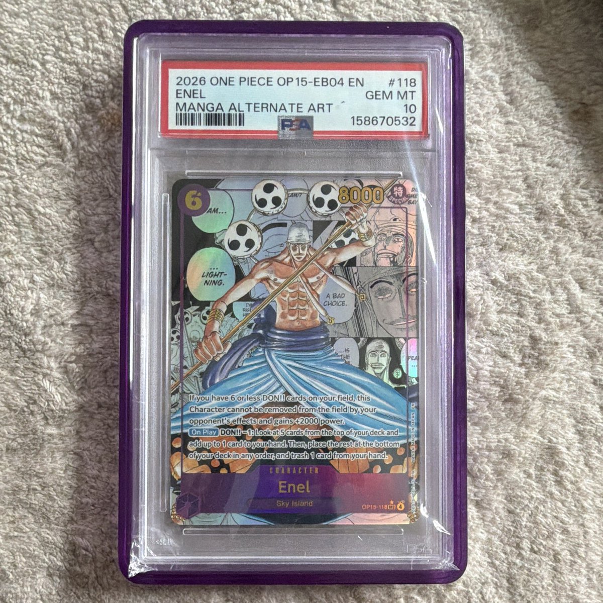 OnePieceAlert's tweet photo. PSA 10 2026 ONE PIECE CCG ENEL OP15-EB04 #118 MANGA ALT ART FOIL EN

Price: $2,100.00 USD

Sold: 5-31-2026

eBay: joshuao97

#OnePieceTCG #OPTG #onepiece #optcg https://t.co/d5gHRoY4fj