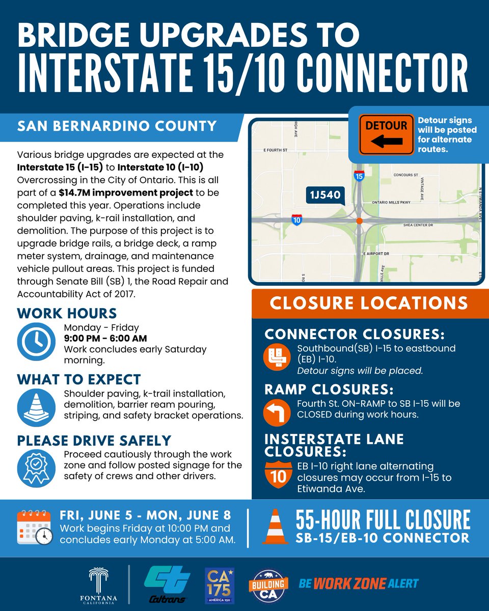 CityofFontanaCA's tweet photo. 🚧 TRAFFIC ALERT 🚧
Caltrans is continuing bridge upgrades on I-15/I-10 Connector in the City of Ontario as part of a $14.7M improvement project.

A 55 hour full closure of the SB-15/EB-10 connector is scheduled from Friday, June 5, at 10:00 PM through Monday, June 8, at 5:00 AM. https://t.co/J1vbgkwOUJ
