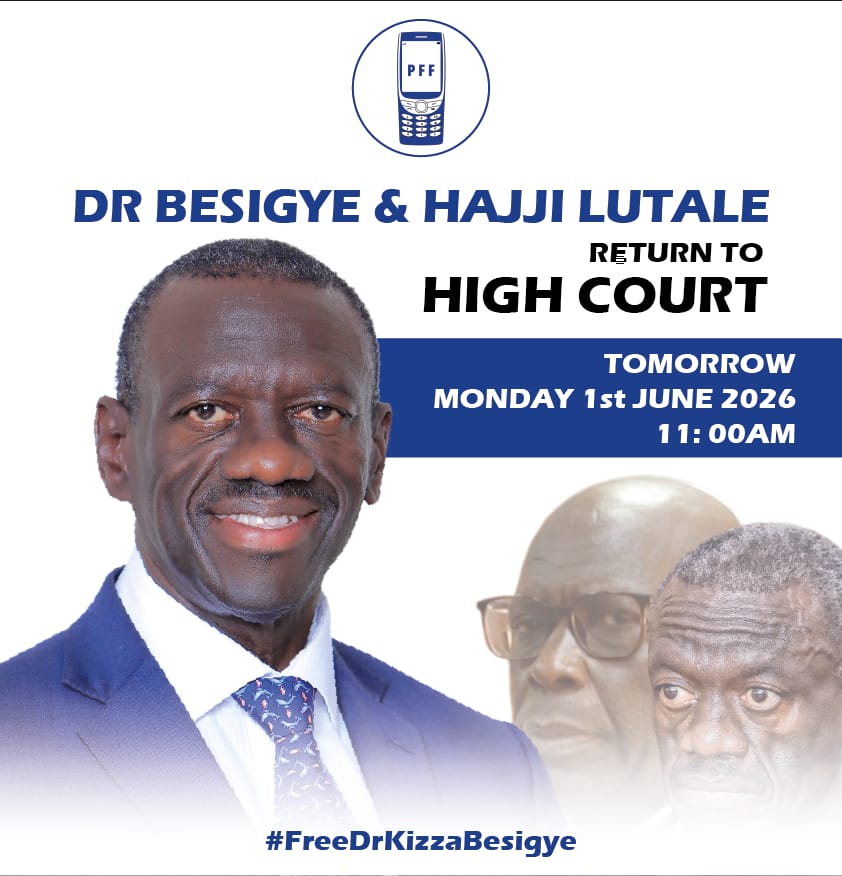PFFUganda's tweet photo. Tomorrow, Monday, 1st June 2026, our leaders Dr. Kizza Besigye and Hajji Obeid Lutale return to the High Court for pre-hearing before Justice Emmanuel Baguma.

​After the state’s cowardly attempt to hide witnesses collapsed and they withdrew their application, Justice Baguma ordered that they make full disclosure by last Friday. Will they play more games tomorrow? We are ready for them!

This is trial for Uganda’s democracy. We call upon all change seeking Ugandans, comrades and freedom fighters to pack the High Court tomorrow morning. Let’s stand shoulder-to-shoulder with our leaders.

#FreeKizzaBesigye 
#FreeHajjiObeid 
#FreeSamMugumya 
#FreeSamuelMakokha 
#FreedomForAll
