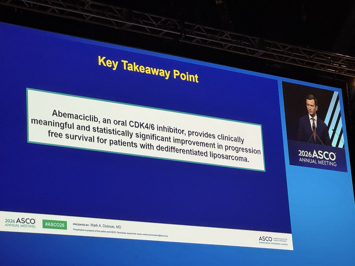 Latinamd's tweet photo. #ASCO26 Plenary LBA2: #SARC041 Phase 3 randomized, double-blind trial #abemaciclib vs placebo in a Advanced/metastatic DDLPS, dedifferentiated liposarcoma

🔹 Primary endpoint: PFS
9.7 vs 1.5 mos (HR 0.38)
🔹 Targets CDK4, a key genomic driver frequently amplified in DDLPS
🔹 first positive clinical trial in  DDLPS, an area of unmet need. @CureSarcoma @Liferaftgroup