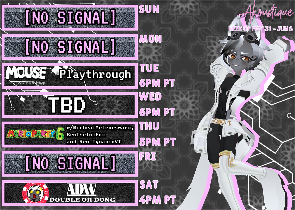 AkoustiqueVT's tweet photo. schedule time!! 
Mouse on Tuesday, and a stream up in the air for the moment on Wednesday, followed by what is sure to be a friendship-strengthening Mario Party date on Thursday!!

and of course, we can't forget Saturday. ADW returns with our second event of the season! 🩶 https://t.co/wOPdBXX5D8