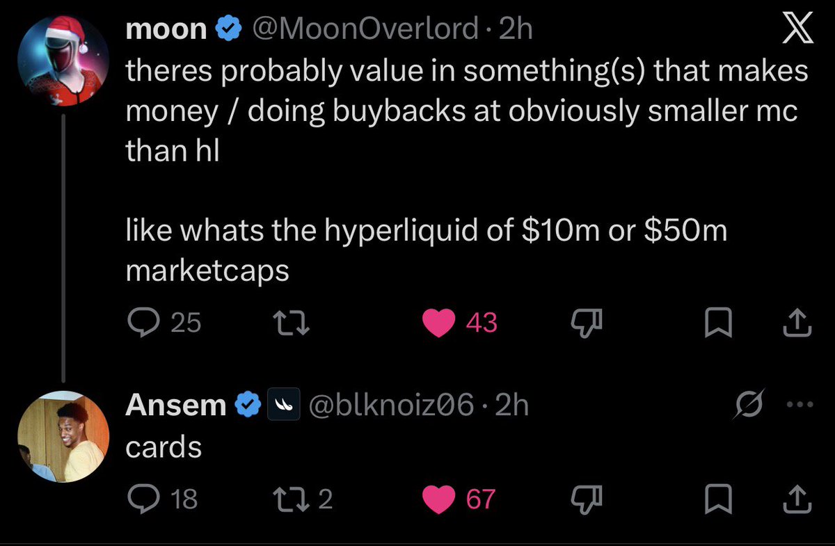 sjdedic's tweet photo. like whats the hyperliquid of $10m or $50m marketcaps

solana:CARDSccUMFKoPRZxt5vt3ksUbxEFEcnZ3H2pd3dKxYjp https://t.co/0A2q0oNdn9