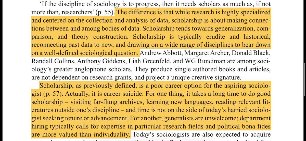 jessesmithsoc's tweet photo. Helpful distinction from Colin Campbell (relayed by Peter Baehr) on the difference between research and scholarship. The latter is necessary to help social sciences make progress on their core questions, but modern academia overwhelmingly incentivizes for the former. 1/ https://t.co/HpjpptyrzV