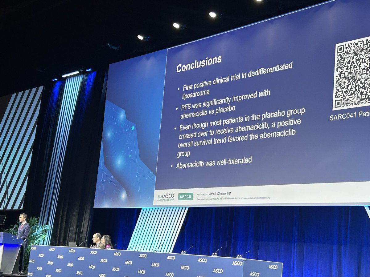DrChoueiri's tweet photo. #MarkDickson from @MSKCancerCenter presents the phase 3 SARC041 trial showing that abemaciclib significantly improved PFS vs placebo in advanced DDLPS (9.7 vs 1.5 months; HR 0.39), with an encouraging OS trend. 

#ASCO26 #Sarcoma @ASCO @OncoAlert @MSKSarcoma https://t.co/BrTZJ4Fgxm