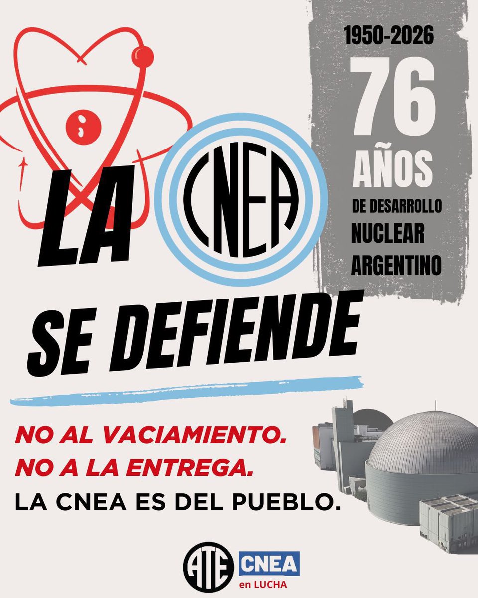 JorgeTaiana's tweet photo. En el 76° aniversario de la creación de la Comisión Nacional de Energía Atómica reivindicamos el rol estratégico de un organismo que ha impulsado el desarrollo científico y tecnológico argentino, alcanzando prestigio a nivel mundial. 

Debilitar la @CNEA_Arg implica resignar capacidades nacionales y afectar nuestra soberanía tecnológica y energética. La CNEA se defiende.
