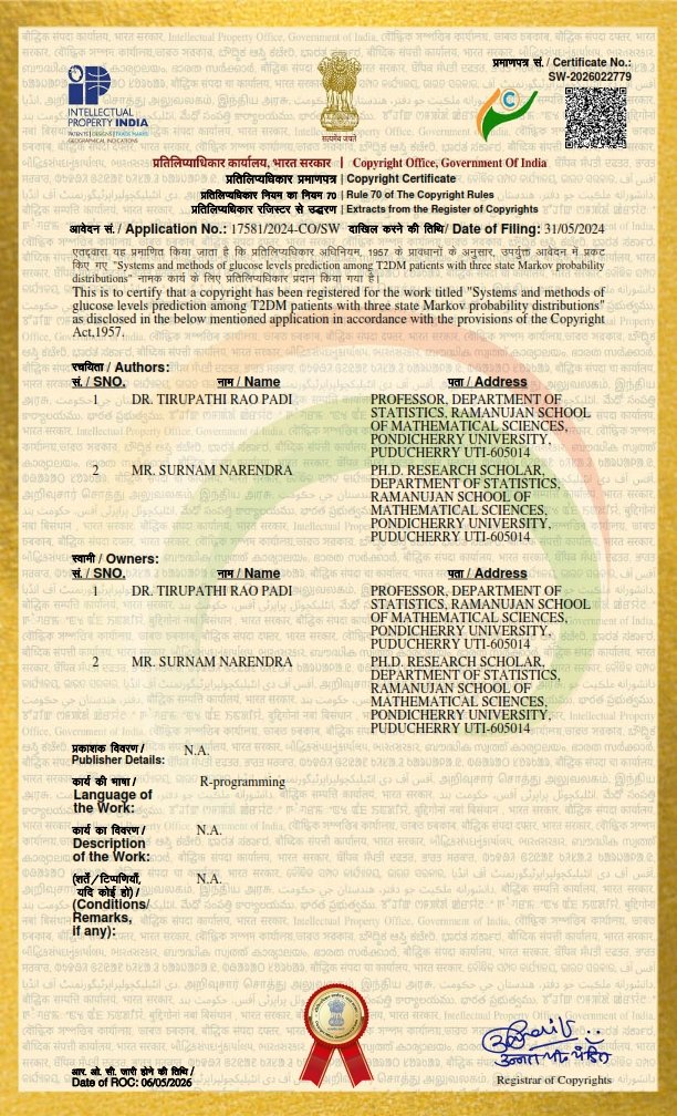 drtrpadi's tweet photo. BIG NEWS FOR ME -My Patent Got Granted
Glad to inform you that my second patent got granted on 6th May 2026. It is with my student, Dr. Surnam Narendra, on "Systems and methods of glucose levels prediction among T2DM patients with three-state Markov probability distributions". https://t.co/vXmQ7KKQ4u