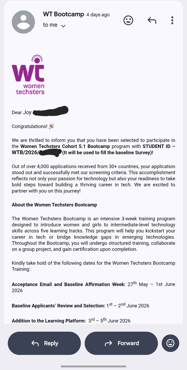 silverrainze3's tweet photo. Still feels unreal. I am so grateful for this opportunity and excited to begin my journey in tech! 🚀 Thank you, Tech4Dev🥺
#WomenTechsters #WTBootcampCohort2026 https://t.co/LmkUV6rec5