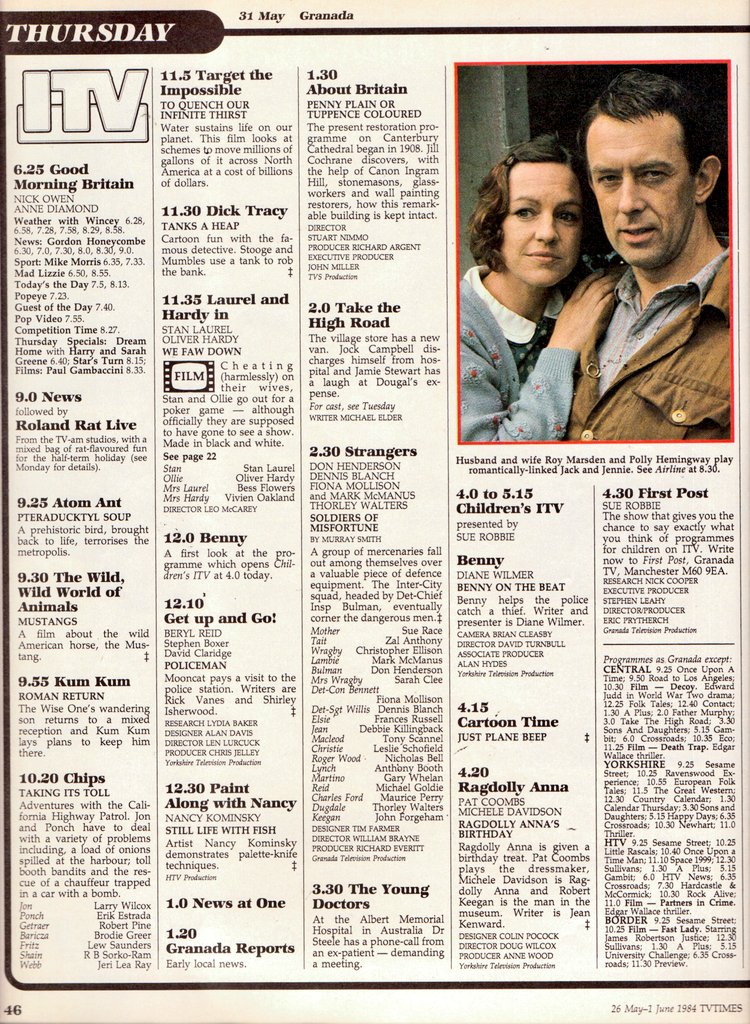 woodg31's tweet photo. TV📺31/5/84 ITV 
4.30:First Post 4.45:What's Happening 5.15:Diff'rent Strokes 5.45:News 6.5:Crossroads 6.30:Regional News 7.0:Emmerdale Farm 7.30:Magnum 8.30:Airline 9.30:TV Eye 10.0:News 10.30:Hill Street Blues 11.30:Cities https://t.co/K37eg0HCZx