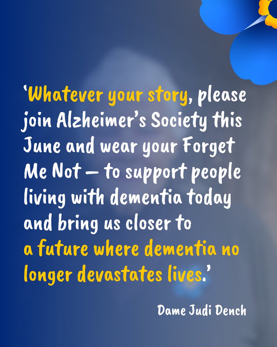 alzheimerssoc's tweet photo. ‘Every Forget Me Not badge tells a story.

‘Behind each badge, there are stories of lives devastated by dementia, of crucial support helping people navigate the huge daily challenges of life with dementia, and the researchers searching for breakthroughs.’

Our patron, Dame Judi Dench, is just one of the millions of people across the UK who have lived through the devastation of dementia.

We’re thrilled to have Dame Judi’s support as we launch this year’s Forget Me Not Appeal – a time for us all to come together and show our support for everyone affected by the UK’s biggest killer.

‘Sadly, I’ve seen first-hand how cruel dementia can be, for both the person living with the condition and their loved ones.

‘Whatever your story, please join Alzheimer’s Society this June and wear your Forget Me Not – to support people living with dementia today and bring us closer to a future where dementia no longer devastates lives.’

You can help us, and Dame Judi, change the story of dementia – comment “badge” to find out how to show your support