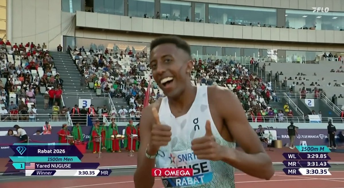 jgault13's tweet photo. The Goose!

Yared Nuguse holds off world champion Isaac Nader to win the 1500 in Rabat in 3:30.35.

American men have won 7 Diamond League 1500/mile races. Nuguse has 5 of those victories

2023 London
2023 Zurich
2024 Zurich
2025 Silesia
2026 Rabat

https://t.co/48XDkaOZlp https://t.co/EwV0JuYXeS