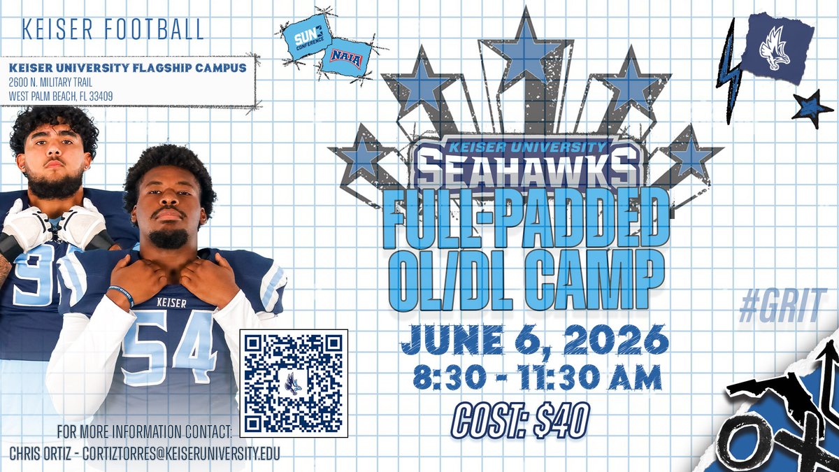 KeiserFootball's tweet photo. 6️⃣ days until our position camps❗️Registration begins 7:30AM-8:30AM in front of the football facility. Scan the QR Codes below to register. WALK UPS will be accepted. See you on Saturday. #GRIT #SeahawkFast 🦅💨 #DefendTheBeach https://t.co/8IFZtNvb8p