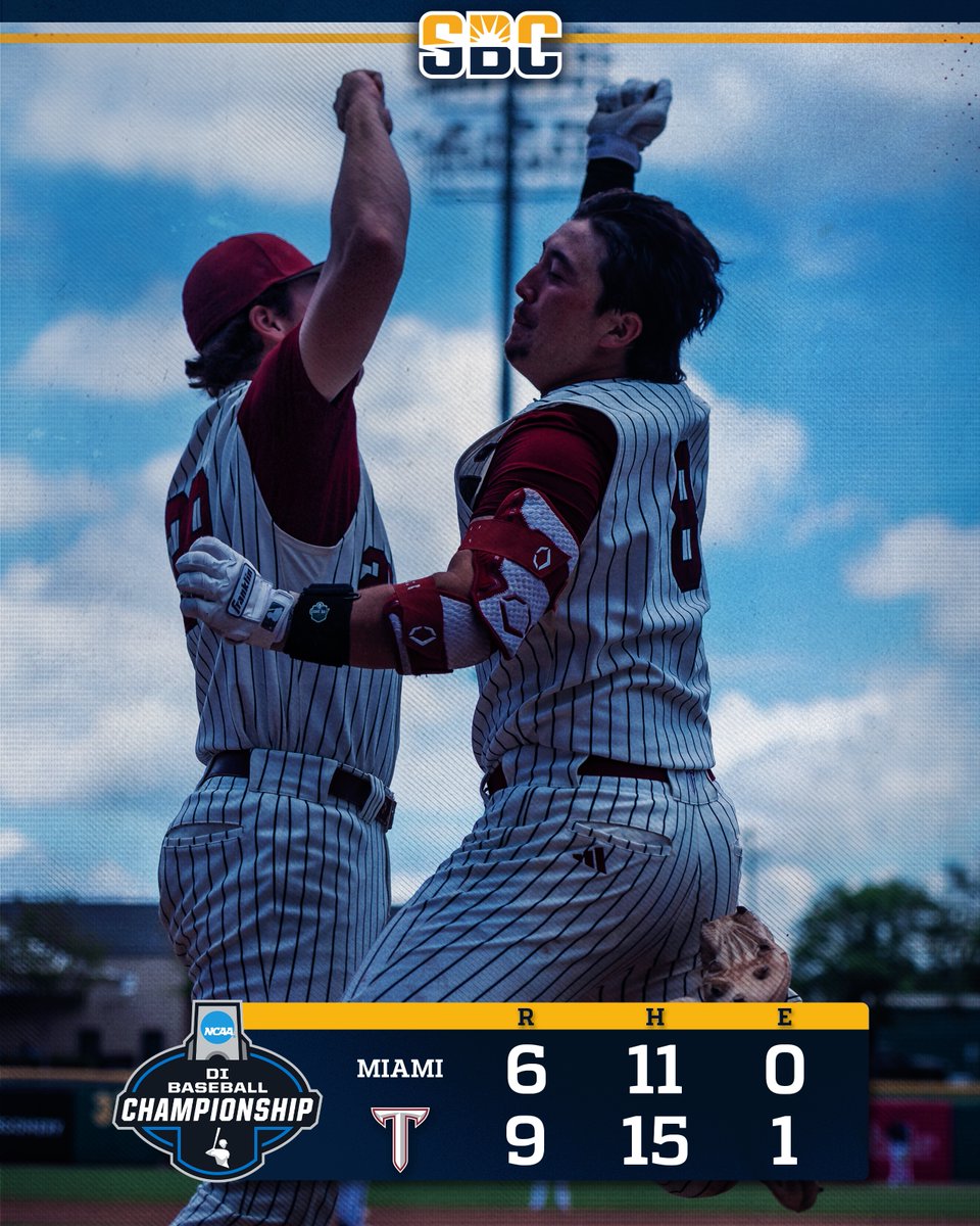 SunBelt's tweet photo. 𝗢𝗡 𝗧𝗢 𝗧𝗛𝗘 𝗙𝗜𝗡𝗔𝗟.

@TroyTrojansBSB plates seven unanswered—including ✌️ bombs from @BoroffJabe—in a 9-6 win over Miami to advance to the Gainesville Regional final. ☀️⚾️ https://t.co/yQGUnOFH9o