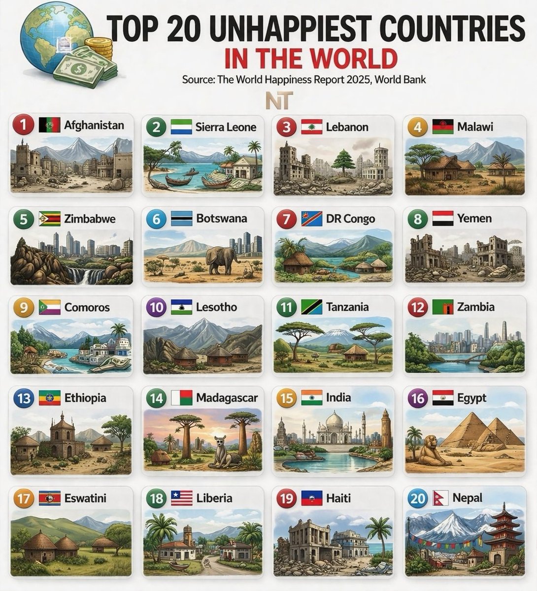 Globalstats_77's tweet photo. 🌍 Top 20 Unhappiest Countries (Lowest Happiness Rankings)

🇦🇫 Afghanistan
🇸🇱 Sierra Leone
🇱🇧 Lebanon
🇲🇼 Malawi
🇿🇼 Zimbabwe
🇧🇼 Botswana
🇨🇩 DR Congo
🇾🇪 Yemen
🇰🇲 Comoros
🇱🇸 Lesotho
🇹🇿 Tanzania
🇿🇲 Zambia
🇪🇹 Ethiopia
🇲🇬 Madagascar
🇮🇳 India
🇪🇬 Egypt
🇸🇿 Eswatini
🇱🇷 Liberia
🇭🇹 Haiti
🇳🇵 Nepal